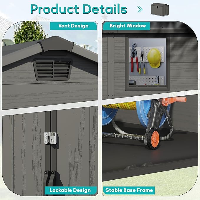 Greesum 6×10FT Plastic Outdoor Storage Shed with Floor, Resin Storaged Sheds with Lockable Double Door, Windows & Vents, All-Weather Tool Sheds for Garden, Backyard, Patio, Dark Gray