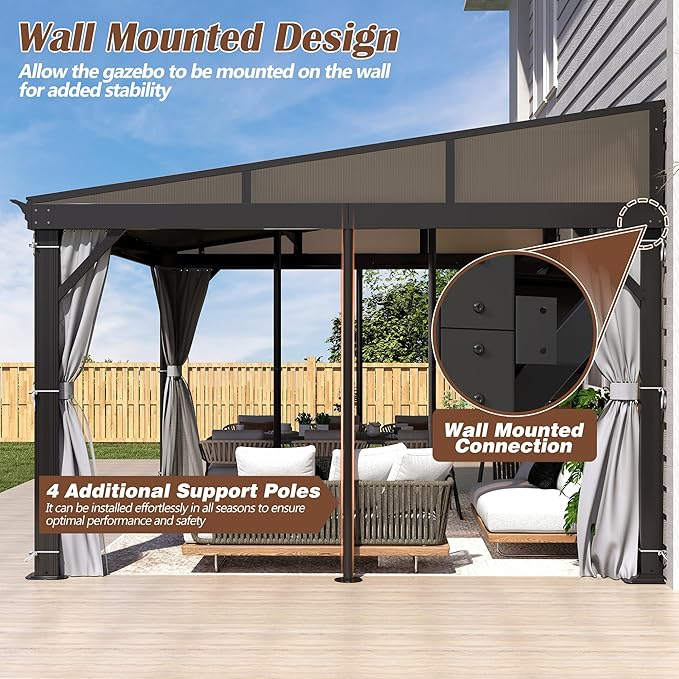 12' x 16' Hardtop Wall Mounted Gazebo, Lean to Gazebo with Galvanized Steel Roof Aluminum Frame Wall Gazebos Pergola with Netting&Curtains for Outdoor, Backyard, Patio