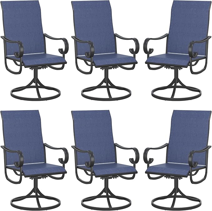 VICLLAX Swivel Patio Chairs Set of 6, 360-degree All-Weather Outdoor Swivel Chairs for Lawn Garden, Patio Dining Chairs, Black Metal Frame and Blue Textilene Mesh Fabric