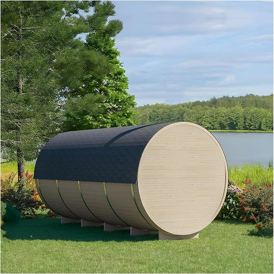 ZONEMEL Outdoor Barrel Steam Sauna, Canadian Hemlock Sauna Room for 10-12 Person with 9KW ETL TOULE Heater, Volcanic Stones, Asphalt Shingles, Canopy Porch, 8mm Tempered Glass, 220V
