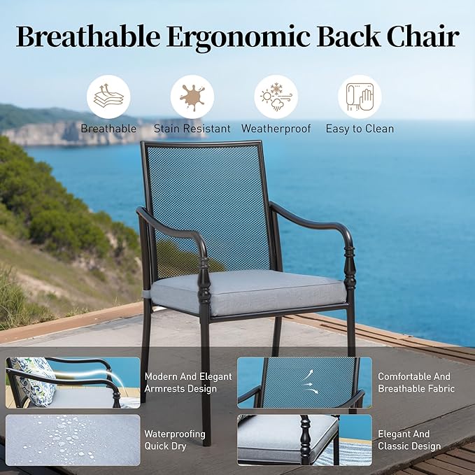 Patio Table and Chairs Set of 4, All-Weather Breathable Metal Mesh Patio Chair with Gourd-Shaped Armrests, 42x42 Round Table with Umbrella Hole, 5 Pcs Metal Frame Patio Dining Set
