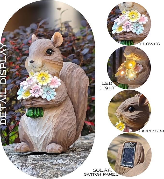 Solar Garden Squirrel Statue, Outdoor Resin Decor with Floral Accents, Resin Decorations Squirrel Figurine for Patio Lawn Porch Yard Ornaments for Mom Grandma Wife