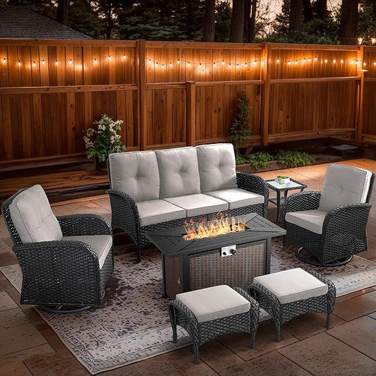 7 Piece Patio Furniture Set with Fire Pit Table - Wicker Patio Conversation Set with Swivel Glider, 3 Seat Sofa, Side Table and 2 Ottomans for Deck Backyard - Black Wicker Beige Cushion