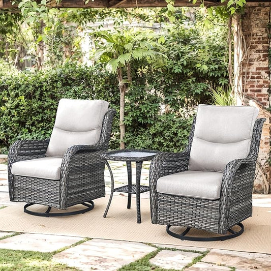 Patio Swivel Chairs with Smile-Shaped Cushions, 3 Piece High Back Patio Swivel Glider Chairs with Side Table 3PCS PE Rattan Luxury Swivel Patio Chairs Set Grey Wicker | Beige Cushions