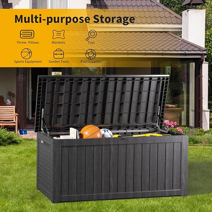 270 Gallon Deck Box, Resin Outdoor Indoor Waterproof Storage Box, Lockable Storage Box With Handle for Patio Furniture - Garden Tools - Swimming Pool Tools UV Resistant, Black - 270