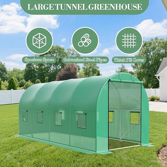15X7x7 Ft Walk-in Tunnel Greenhouse for Outdoor Gardening - Heavy Duty Galvanized Steel Hoop House with Green PE Cover, Roll-Up Zipper Door & 8 Vent Windows, Garden Plant Protection for Winter Use