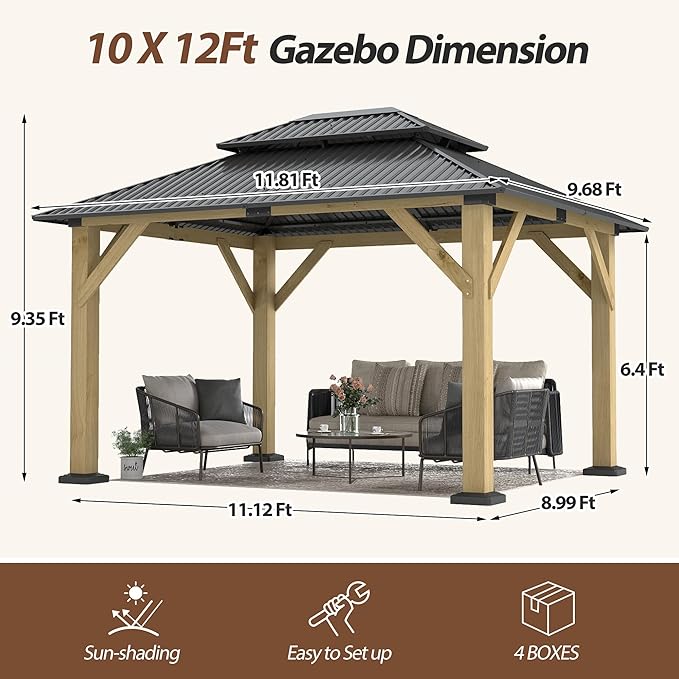 10 x 12 FT Wood Gazebo,Outdoor Wooden Hardtop Gazebo with Galvanized Steel Doule Roof,Cedar Wood Frame Gazebos for Patio Backyard Deck
