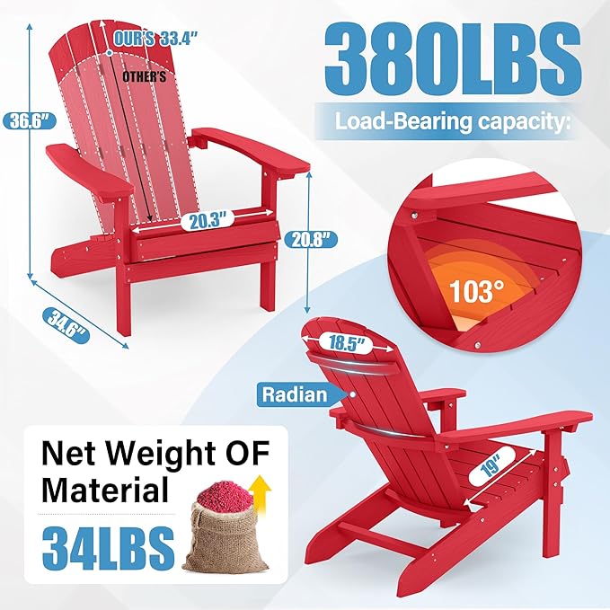 YEFU Adirondack Chairs Set of 2: Plastic Adirondack Chairs - Patio Chairs with Wood Texture - Outdoor Chair HIPS - Lawn Fire Pit Deck Porch Garden Chairs for Adults (Red)