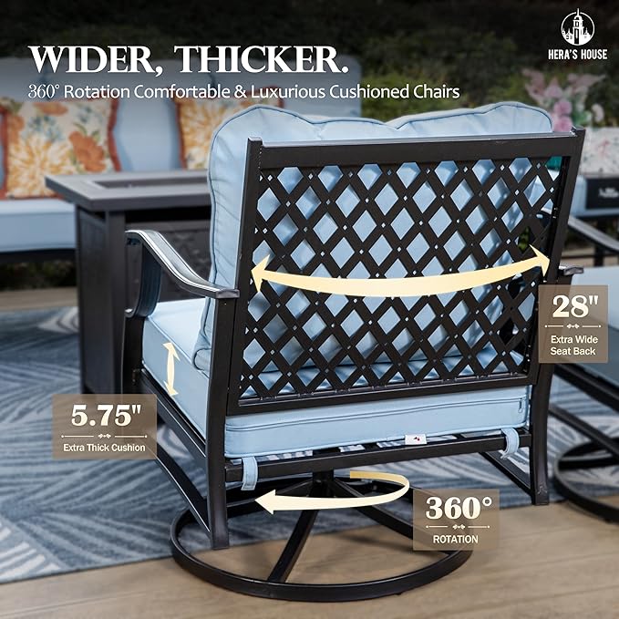 HERA'S HOUSE 7 Piece Patio Furniture Set, 2 x Swivel Chair, 2 x Fixed Chair, 2 x Ottoman, 1 x 3-Seat Sofa, All Cushioned Outdoor Conversation Set for Lawn Garden Backyard, Blue