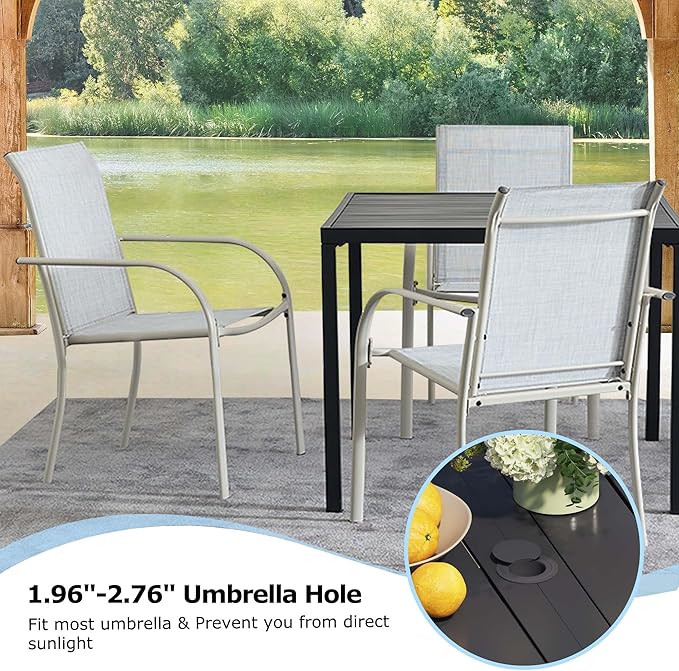 5 Pieces Round Dining Table Set for 4, Patio Dining Set Includes 4 Beige Blue Stackable Patio Chairs and Black Square Table, Patio Furniture Sets with Sling Support for Outside, Garden