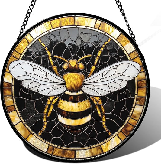 Stained Glass Window Hanging - Black Gold Bee White Wings Sun Catcher for Door Home Decor Insect Suncatcher Christmas Mother's Day Birthday Gifts for Women Men Lovers Mom Nana 6.3 in