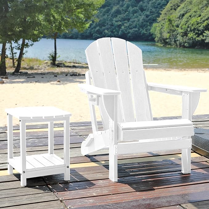Folding Adirondack Chair, HDPE Outdoor Texture Lawn Chair with Reclining Back, Cup and Phone Holder - Comfortable Firepit Chair Weather Resistant for Patio or Backyard (White, Set of 4)