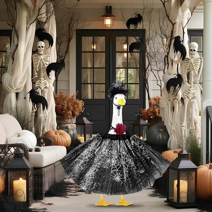 Halloween Porch Goose Outfits and Goose Clothes Fits 23" Plastic Cement Statues, Black Goose Outfit Costume with Rose Necklace for Outdoor Patio Yard Lawn Party