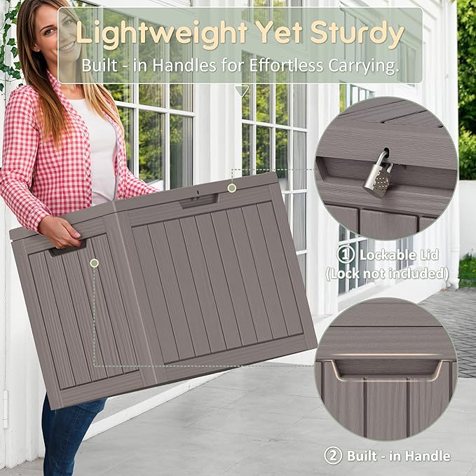 Outdoor Storage Box, 45 Gallon Outside Deck Box Waterproof,Resin Outdoor Storage Cabinet With Lockable Lid,Backyard Storage Bench For Garden Tools,Patio Cushions, Pool Tools, Package Delivery