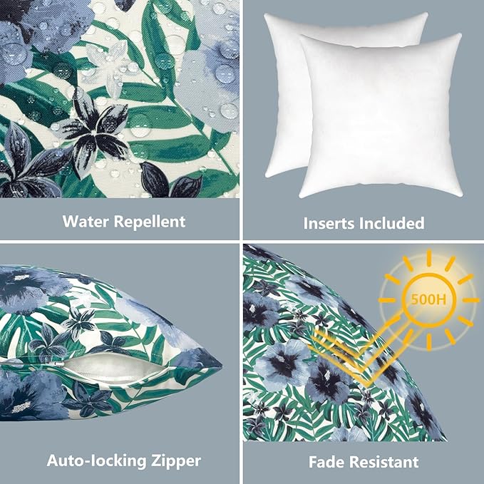 LVTXIII Outdoor/Indoor Throw Pillows, Decorative Throw Pillows with Inserts, 18"x18" Square Pillows for Bed, Couch, Sofa and Patio Furniture, Set of 2, Blue Salmone Tropical