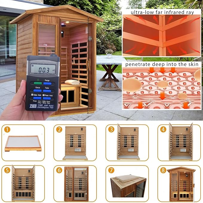 Outdoor Sauna 2 Person, Ceramic Infrared Saunas for Home, 0－5 mg Low EMF Infrared Sauna, Mahogany Wood Home Sauna Room with Bluetooth Speakers, LED Reading Lamps, Chromotherapy Lights