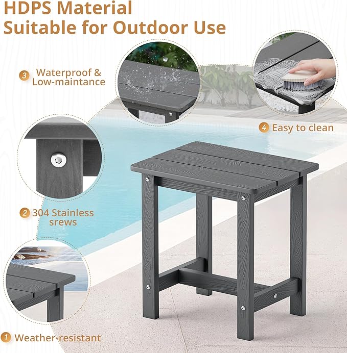 LUE BONA Outdoor Side Table Set of 2, HDPS Small Outdoor Table, Adirondack Side Table,Outside End Table for Patio, Porch, Pool, Weather Resistant/Easy Maintenance/Indoor or Outside Use, Dark Gray