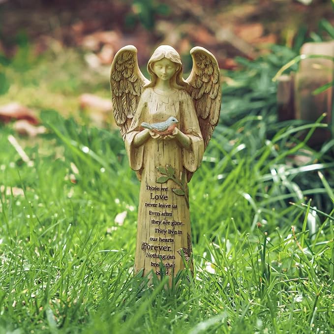 DUSVALLY Angel Statue, Memory Guardian Garden Decor, 10" H Waterproof Outdoor Angel Figurine Sculpture for Lawn & Yard (Praying, Holding The Bird)