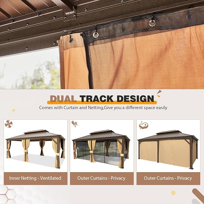 EROMMY 12'x18' Hardtop Gazebo,Galvanized Steel Double Roof Metal Gazebos with Curtain and Netting, Brown Permanent Pavilion Canopy with Aluminum Frame for Patios,Gardens,Lawns