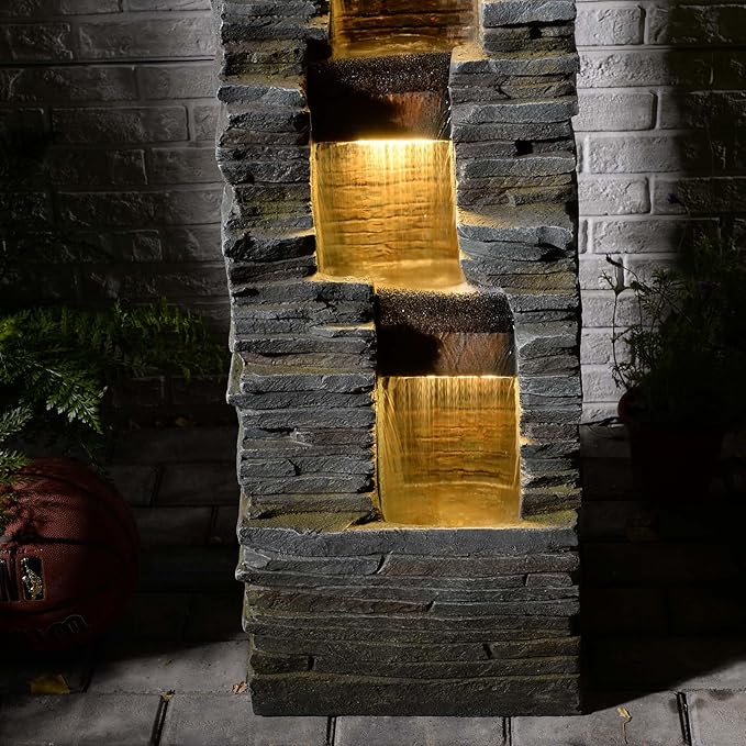 47" H Garden Water Fountain Outdoor with LED Lights & Pump, 3-Tier Cascading Outdoor Fountain for Garden,Patio,Porch,Backyard,Home Art Decor (Gray)