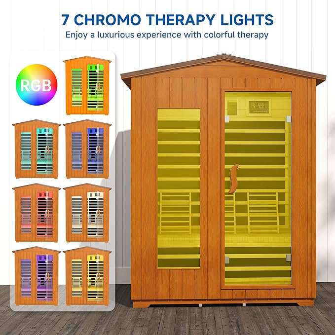 Outdoor Sauna 3 Person, Far Infrared Sauna for Home Low EMF, Wooden Spa Dry Saunas Room with Infrared Lighting and Bluetooth Speakers, 7 Colors Chromotherapy for Outdoor, Indoor and Gym
