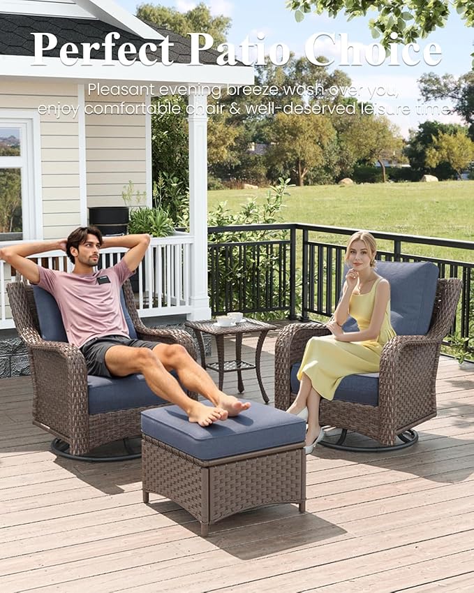 LayinSun 5 Piece Wicker Outdoor Furniture Set with 6-inch Comfy Cushions, High Back Patio Furniture Set with Swivel Rocking Chairs and Fire Pit Table