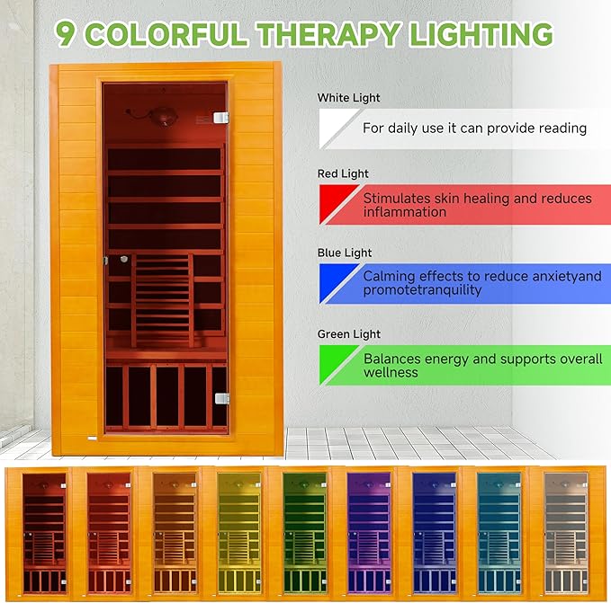 Real Relax Home Infrared Sauna, 1-2 Person Canadian Hemlock Wood Indoor Dry Saunas Room with Low Emf Red Light Therapy with Bluetooth Speakers, 9-Color Chromotherapy Lights