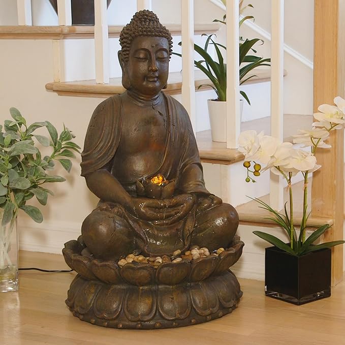 Alpine Corporation GEM122 Outdoor Floor Meditating Soothing Buddha Statue Waterfall Fountain for Garden, 33", Bronze