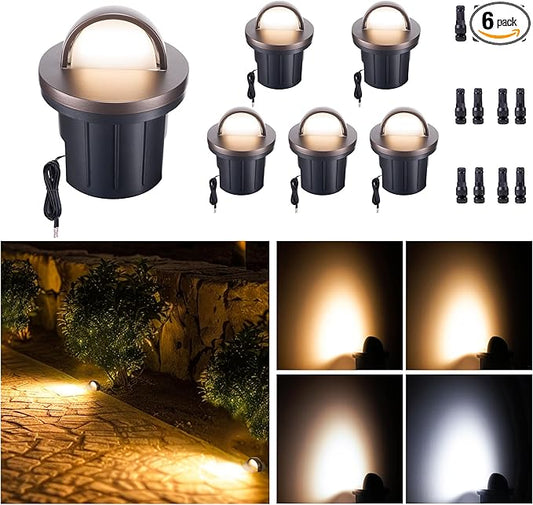 Landscape Well Light, Warm-White 5 Colors Selectable LED Low Voltage In Ground Lights, IP67 Waterproof 12V Outdoor, Single Side 6W 420LM Aluminum ORB for Pathway Lawn 6 Pack