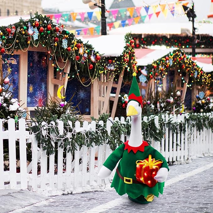 Christmas Toy Soldier Style Porch Goose Outfits,2 Pcs/Set Goose Clothes with Pointed Hat and Gift Box Fits 23" Lawn Goose Statue,Green Christmas Outdoor Goose Costume,Yard Patio Garden Xmas Decor