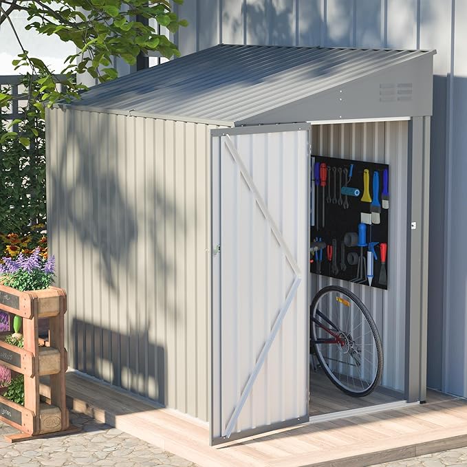 4x8 FT Outdoor Storage Shed,Lean to Lockable Metal Garden Shed Steel with Reinforced Beams,All Weather Waterproof Storage House W/Lockable Door&2 Air Vents,for Backyard,Patio,Lawn,Garden,Gray