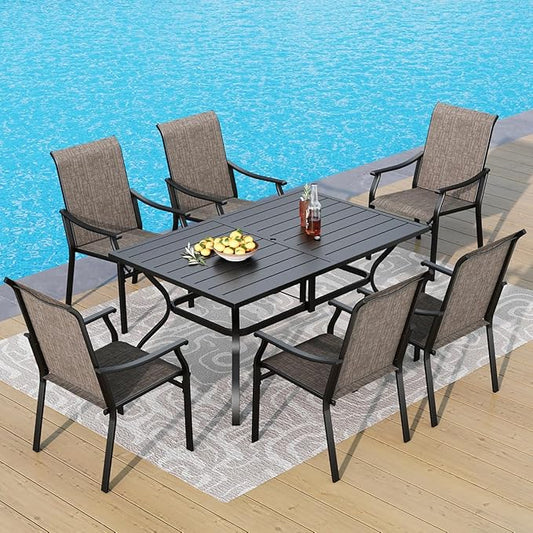 PHI VILLA Outdoor Dining Set for 6, Patio Chairs withTextilene Fabric and Metal Frame, Metal Dining Table with Umbrella Hole,Outdoor Table Chair Set for Patio
