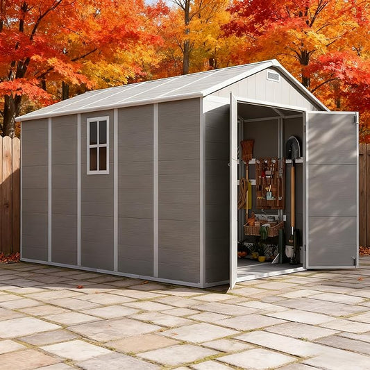 Outdoor Shed 5x3/6x4/7x7/8x6/8x10/8x12 FT, 15MM Thick PP Resin Plastic Shed with Lockable Door & Floor - Waterproof Plastic Tool Shed for Bike, Garbage Can, Backyard, Patio ﻿ ﻿ (Grey, 8x12FT)