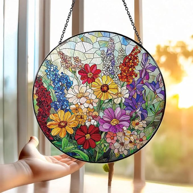 Colorful Wildflowers Suncatcher -7.9 in Stained Glass Window Hanging Sun Catcher Garden Decor