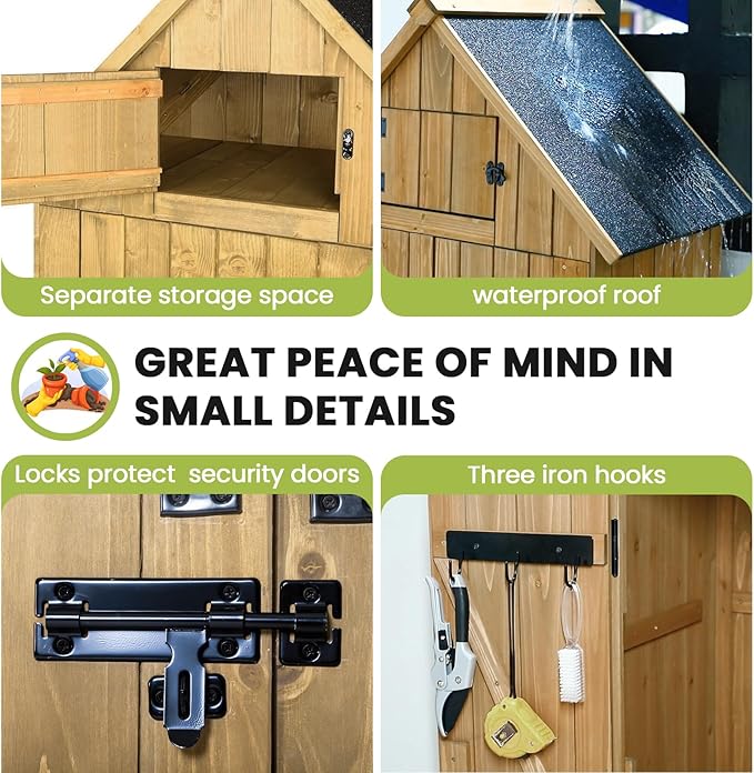 Wooden Outdoor Storage Shed with Double Doors,70” Tall Waterproof Storage Shed with Lock,Sheds & Outdoor Storage with Windproof Tipping for Deck,Backyard Garden and Yard
