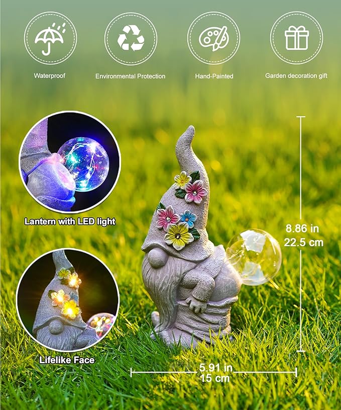 Funny Garden Gnome Statue with Lights, Outdoor Sculpture Decor for Home Yard Lawn Porch Balcony Patio,Gardening Gifts for Women Mom Grandma