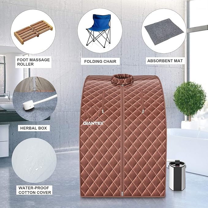 Giantex Portable Steam Sauna, Personal Therapeutic Sauna for Detox, Temperature & Timer Adjustable, 800W Sauna Box Spa w/Chair, 3L Steamer,Massage Roller,Mat,Remote Control, Home Sauna Tent (Coffee)