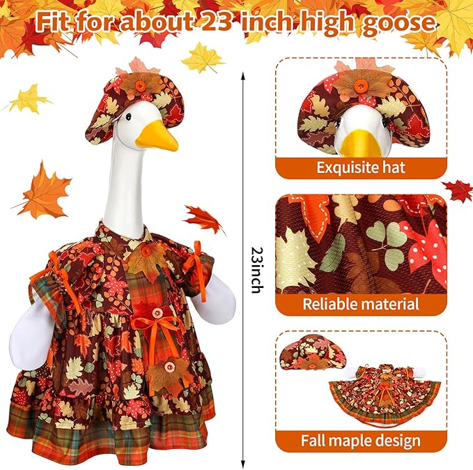 Suzile Autumn Goose Outfit Fall Maple Dresses Clothes for 23" High Cement or Plastic Porch Goose Costume for Yard Lawn Outdoor Garden Patio Statue Thanksgiving Party Xmas Holiday Decor