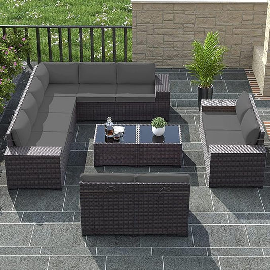 Outdoor Patio Furniture Set, 12 Pieces Outdoor Furniture All Weather Patio Sectional Sofa PE Wicker Modular Conversation Sets with Coffee Table,10 Chairs and Seat Clips Grey
