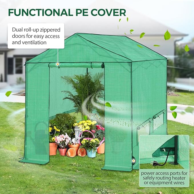 8x8 Pop Up Walk-in Greenhouse, Indoor & Outdoor PE Cover Green House w/ Power Access Ports, Roll-up Zippered Doors and Windows, Green