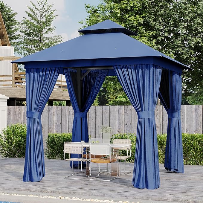 AOXUN Outdoor Gazebo for Patio 8x8, Metal Frame Canopy with Double Roofs, Heavy Duty Party Tent and Shelter with Mosquito Netting and Privacy Screen for Garden,Backyard, Lawn, Deck (Navy)