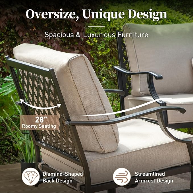 6 Piece Metal Outdoor Patio Furniture Set, Patio Conversation Sets 1 3-Seater Sofa, 4 Fixed Chairs with 5.75" Thick Cushion and Coffee Table, Backyard Furniture Set for Deck, Beige