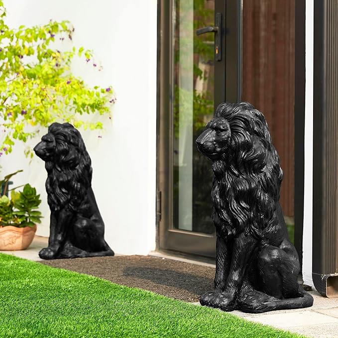 Glitzhome Guardian Sitting Lion Garden Statue MGO Outdoor Decoration, 27.75" H, Black