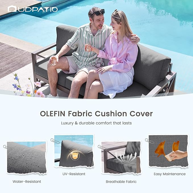 UDPATIO 4 Piece Faux Wood Aluminum Patio Furniture Set Modern Outdoor Furniture Sets with Coffee Table for Deck Porch Patio, 600D Waterproof Cover Included, Dark Grey