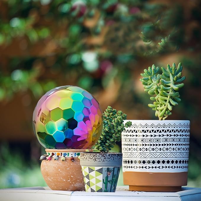 304 Stainless Steel Gazing Ball Sculptures Diamond Ball Decoration Mirror Hollow Decor Ball Reflective Garden Sphere Hollow Metal Ball Ornament Statues Gazing Globe for Home Garden (Rainbow 8 inch)