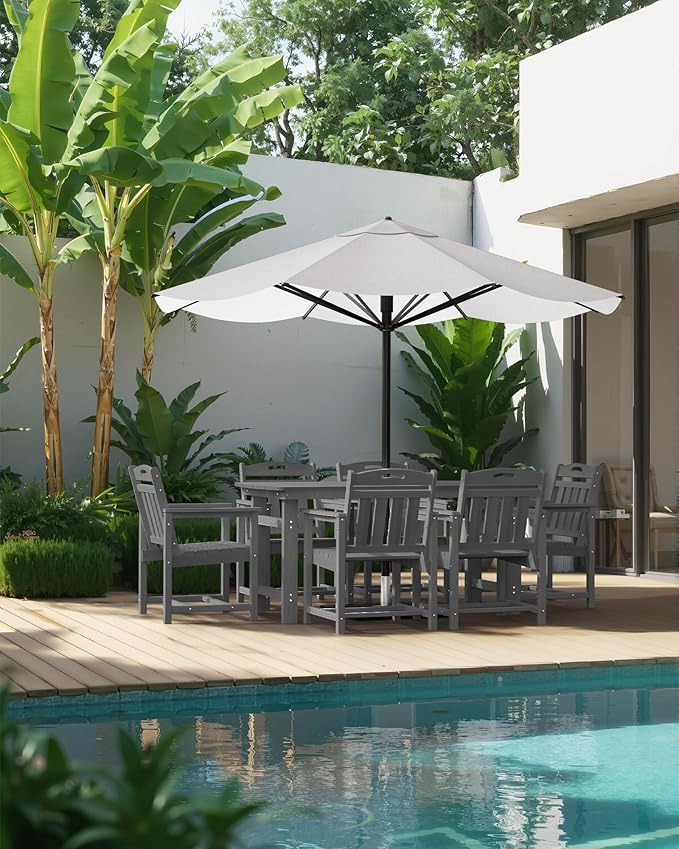 HDPE Outdoor Patio Dining Set with Table & 6 Chairs, All-Weather 7-Piece Outdoor Table and Chairs, 2" Umbrella Hole, Patio Furniture for Garden, Backyard, Deck | Grey