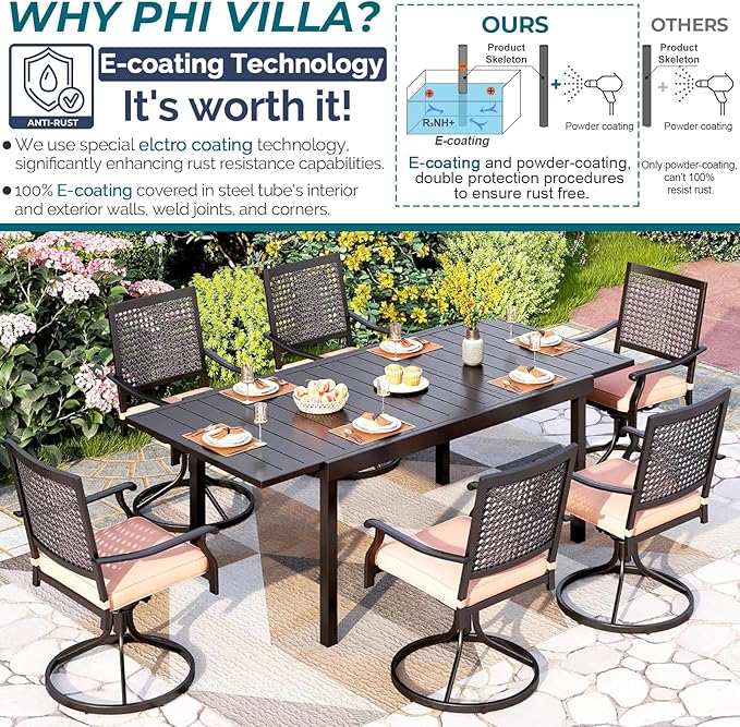 PHI VILLA Outdoor Patio Dining Table and Chairs Set of 7 Pieces Patio Furniture Set Metal Extendable Table and 6 Black Swivel Dining Chairs with Cushion for Bistro Backyard Garden