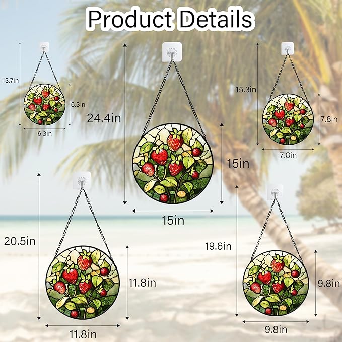Stained Glass Window Hanging - Red Strawberry Suncatcher for Doors Window Home Green Plant Sun Catchers Decor Christmas Mother's Day Birthday Gifts for Teacher Women Men Mom Nana 11.8 in