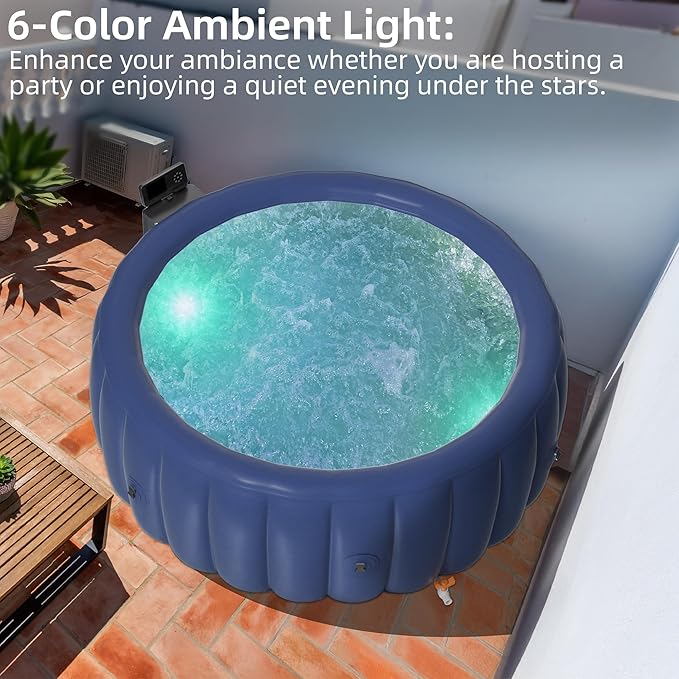 2-4 Person Inflatable Hot Tub - 73"x28" Round Portable Outdoor Spa with 146 Bubbling Jets & Smart Control,2 Contoured Headrest,Cup Holder and Cover, Blue