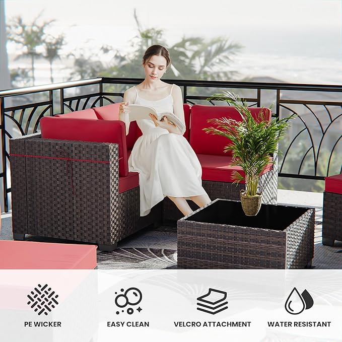 11 Pieces Outdoor Patio Furniture Set Outdoor Furniture Patio Sectional Sofa Conversation Sets w/ETL Approved 45" Gas Outdoor Fire Table & Coffee Table, Swivel Rocking Chair (Red)